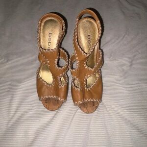 bebe Tan Wedge Heels with Scalloped Cutouts